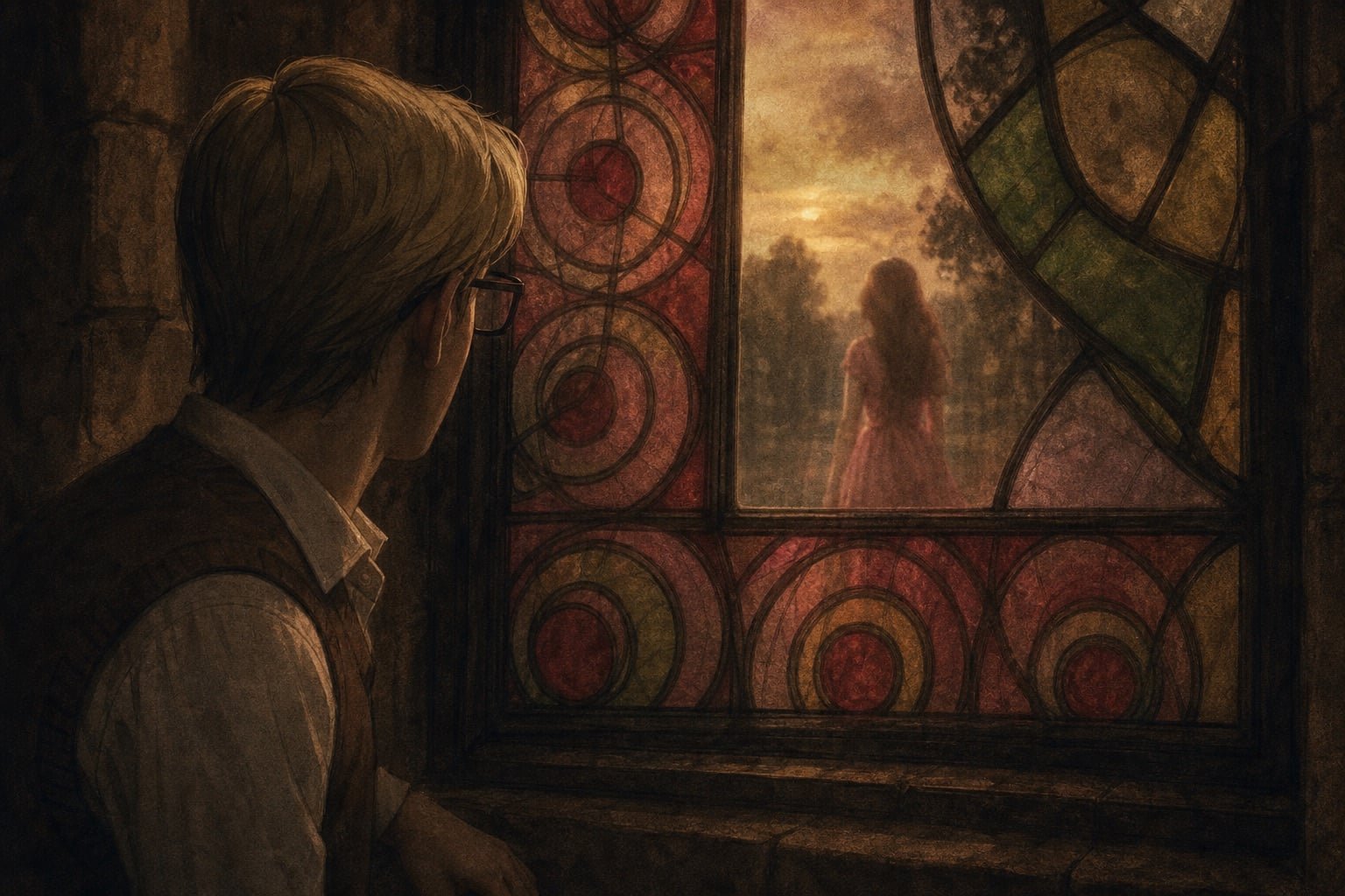 Through stained glass at dusk, a figure in a pink formal dress appears beyond the window